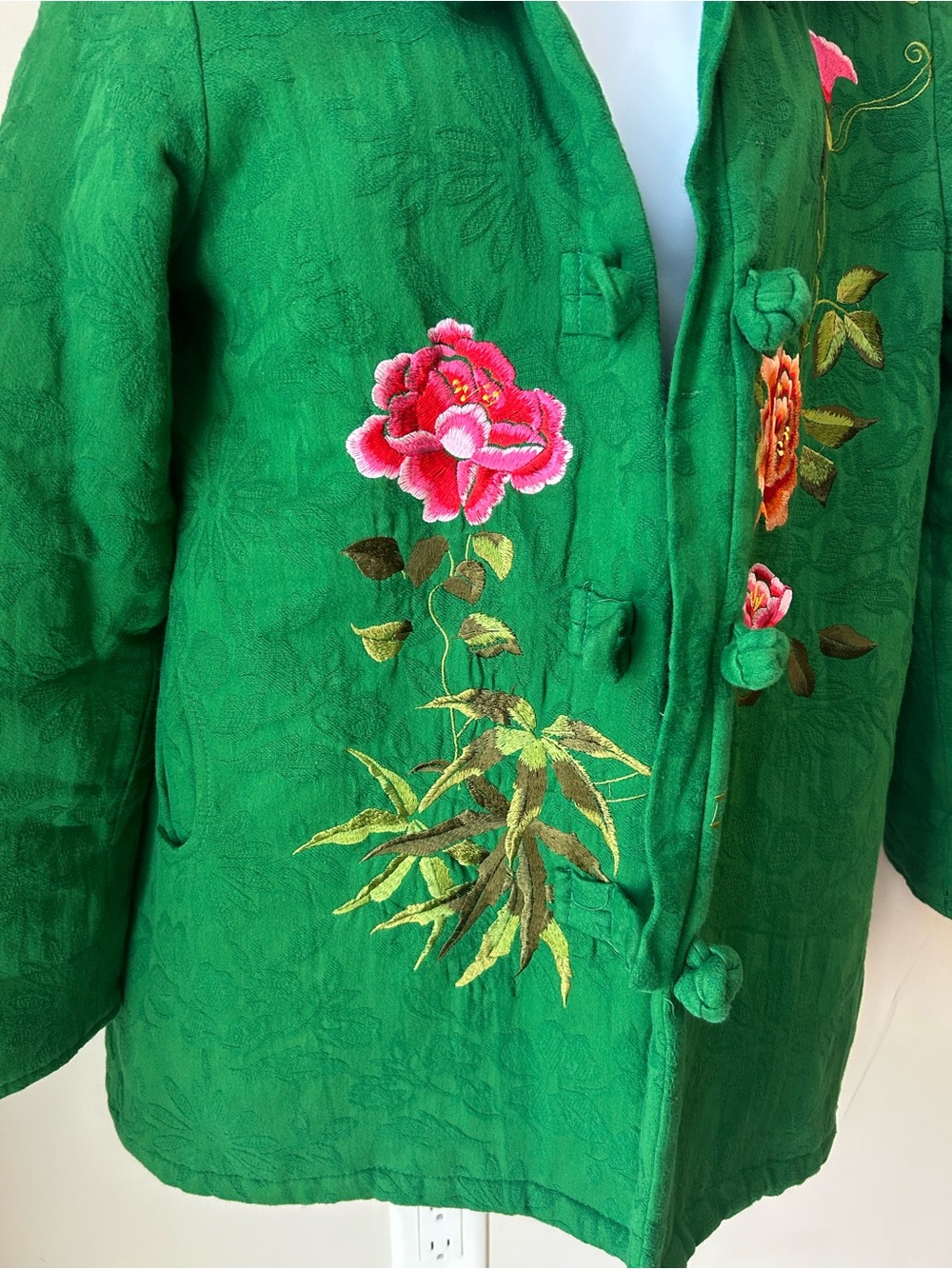 Emerald Green Floral Embroidered Quilted Jacket Cottagecore Boho Artwear Size L - Picture 4 of 15